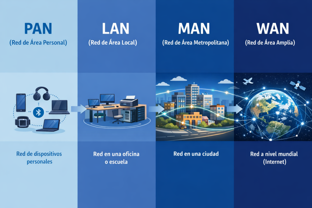 Ejemplo visual de los principales tipos de redes informáticas según su alcance: PAN (red de área personal), LAN (red local), MAN (red metropolitana) y WAN (red de área amplia como Internet)