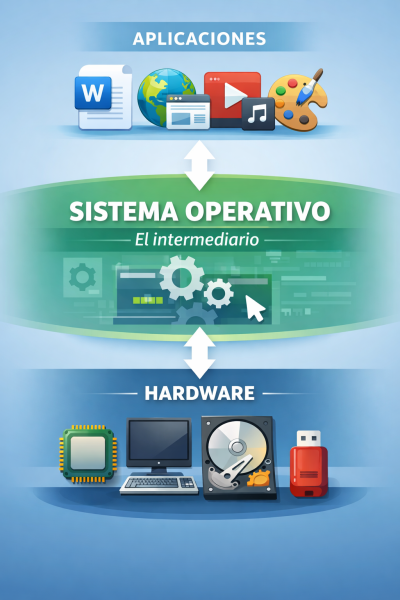 Figura 1. Representación conceptual del sistema operativo como intermediario entre el hardware y las aplicaciones. Imagen generada con inteligencia artificial para fines educativos.